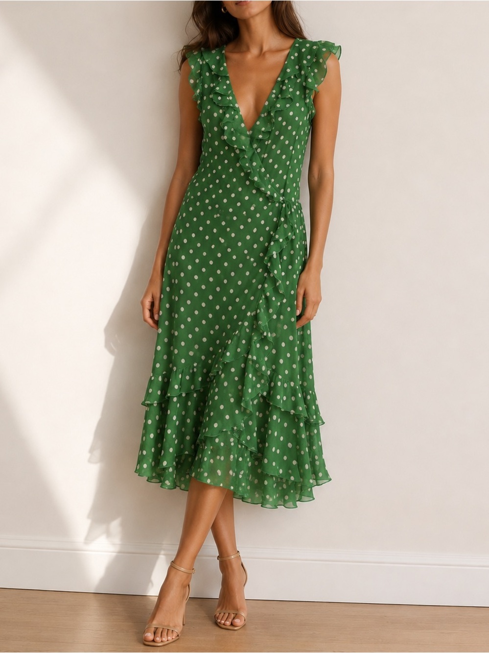 2pc VINTAGE MOSCHINO Cheap & Chic 100% Silk Green Polka Dot Ruffle Slip Dress 10